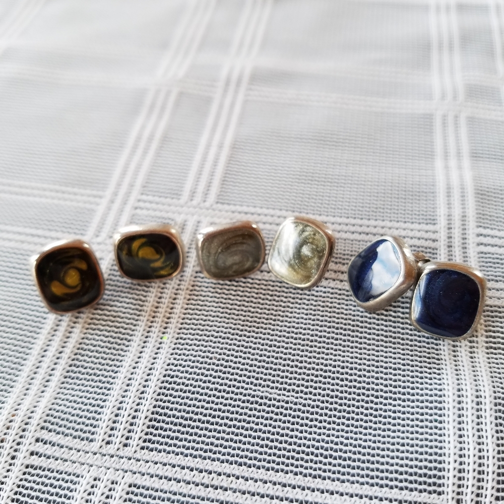 Enamel Swirl Silver Square Post Earrings- 3 Pair